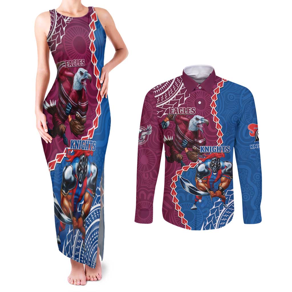 Personalised Eagles And Knights Rugby Couples Matching Tank Maxi Dress and Long Sleeve Button Shirt Aboriginal Mix Polynesian Pattern