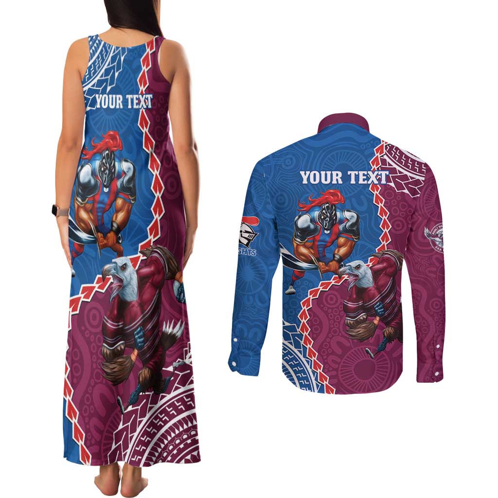 Personalised Eagles And Knights Rugby Couples Matching Tank Maxi Dress and Long Sleeve Button Shirt Aboriginal Mix Polynesian Pattern