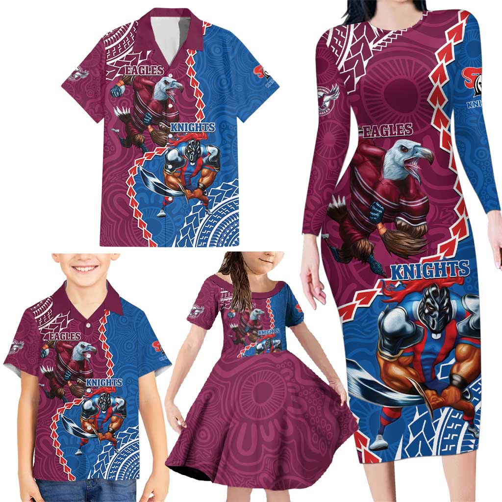 Personalised Eagles And Knights Rugby Family Matching Long Sleeve Bodycon Dress and Hawaiian Shirt Aboriginal Mix Polynesian Pattern