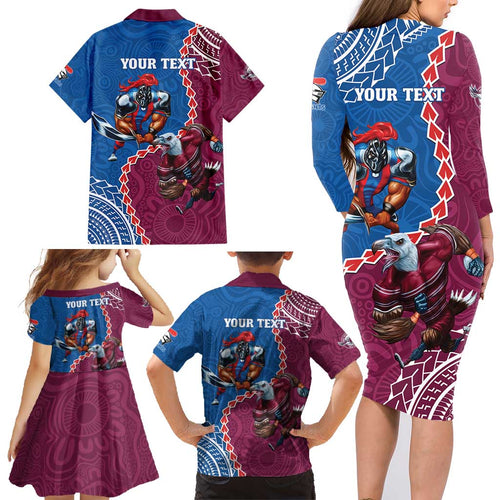 Personalised Eagles And Knights Rugby Family Matching Long Sleeve Bodycon Dress and Hawaiian Shirt Aboriginal Mix Polynesian Pattern