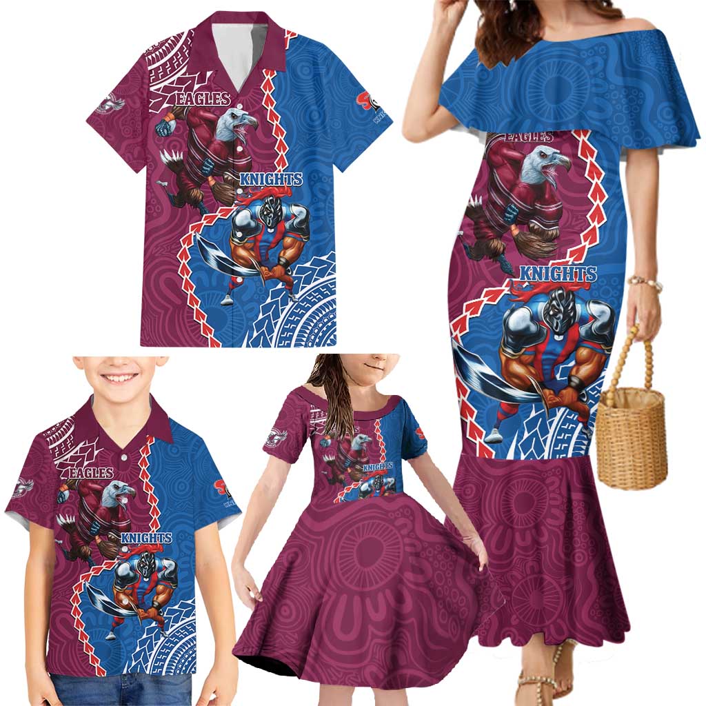 Personalised Eagles And Knights Rugby Family Matching Mermaid Dress and Hawaiian Shirt Aboriginal Mix Polynesian Pattern