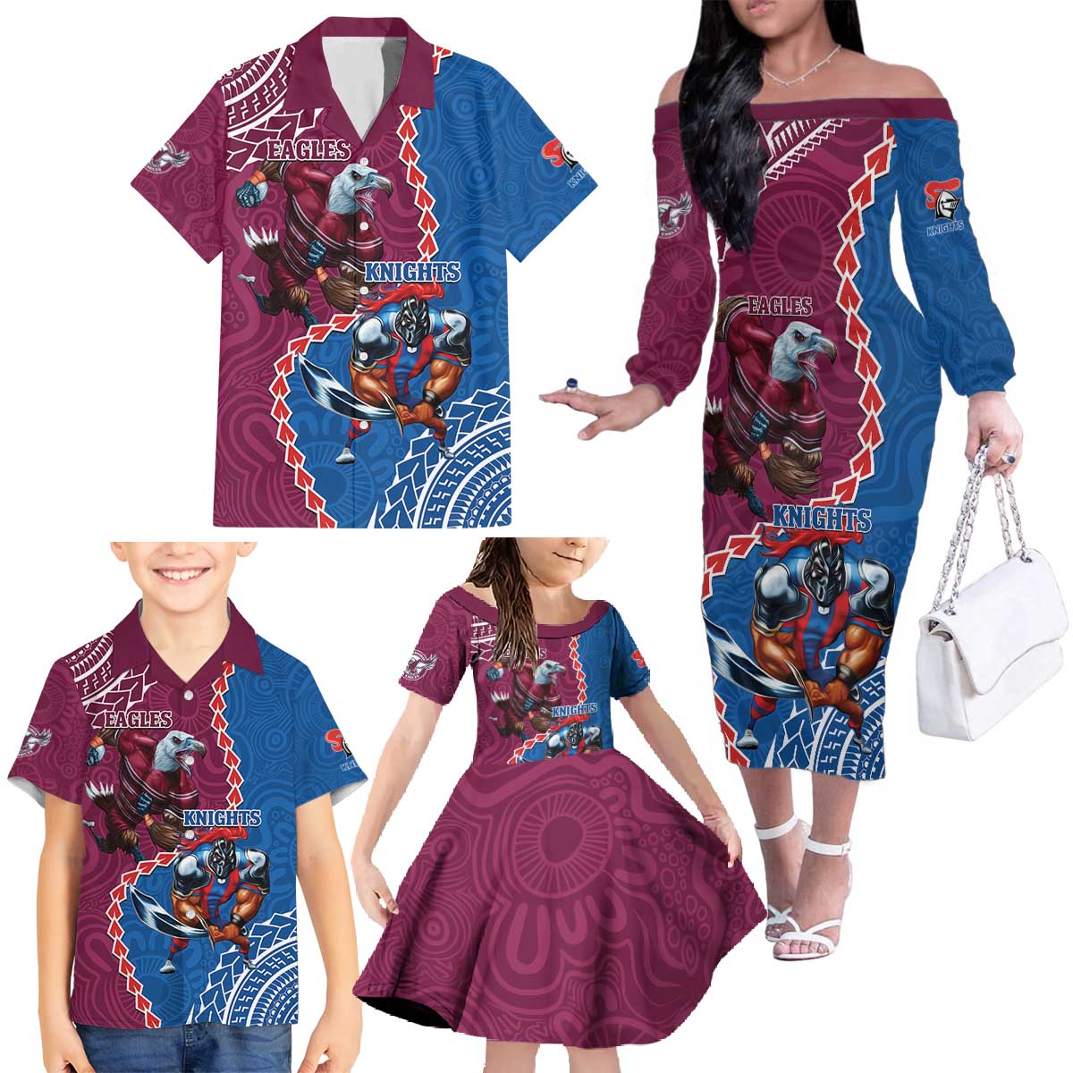 Personalised Eagles And Knights Rugby Family Matching Off The Shoulder Long Sleeve Dress and Hawaiian Shirt Aboriginal Mix Polynesian Pattern