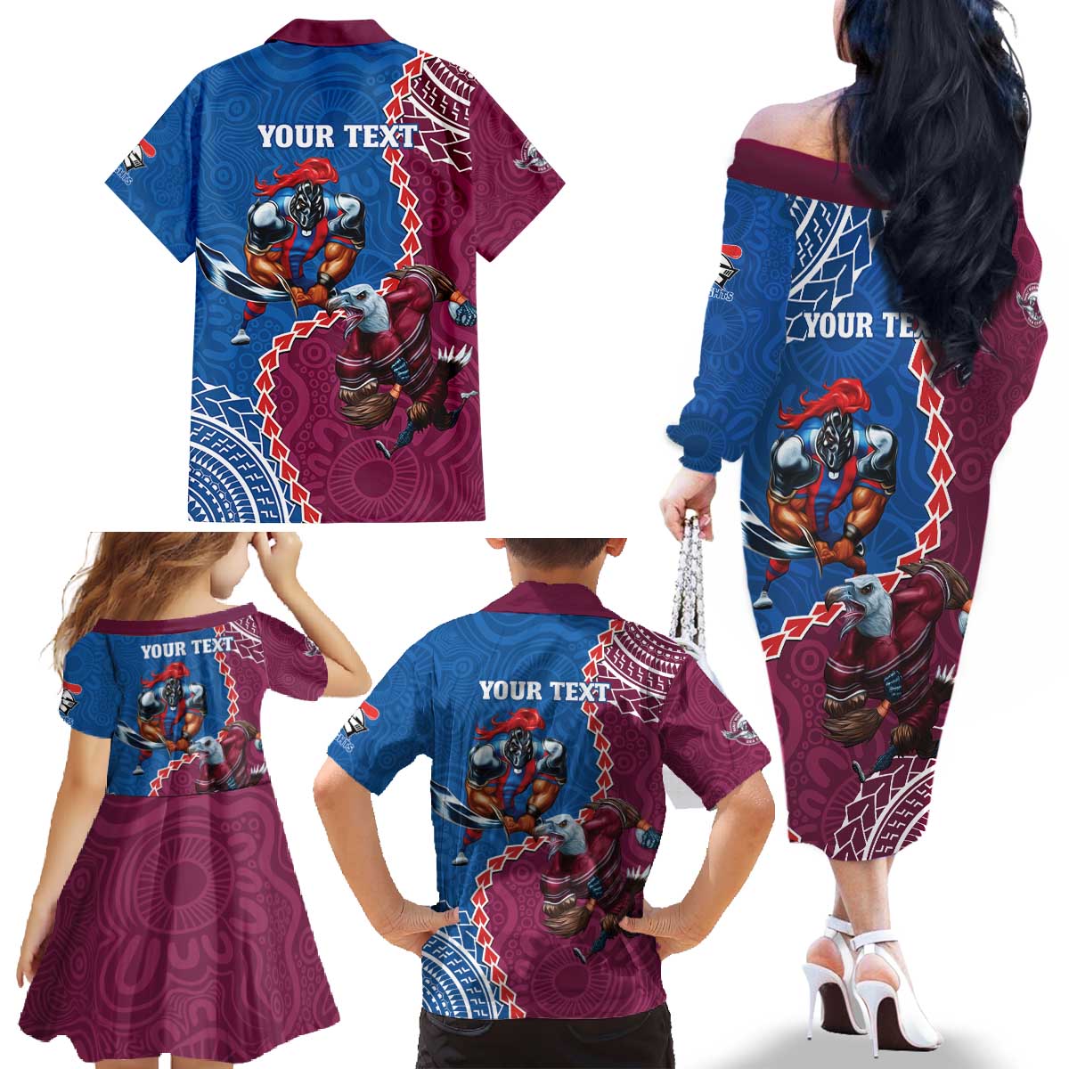 Personalised Eagles And Knights Rugby Family Matching Off The Shoulder Long Sleeve Dress and Hawaiian Shirt Aboriginal Mix Polynesian Pattern