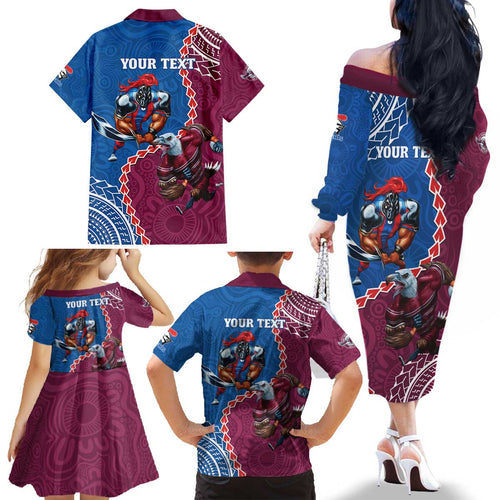 Personalised Eagles And Knights Rugby Family Matching Off The Shoulder Long Sleeve Dress and Hawaiian Shirt Aboriginal Mix Polynesian Pattern