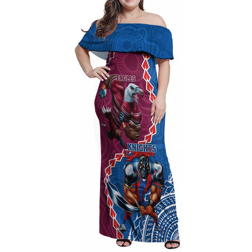 Personalised Eagles And Knights Rugby Family Matching Off Shoulder Maxi Dress and Hawaiian Shirt Aboriginal Mix Polynesian Pattern