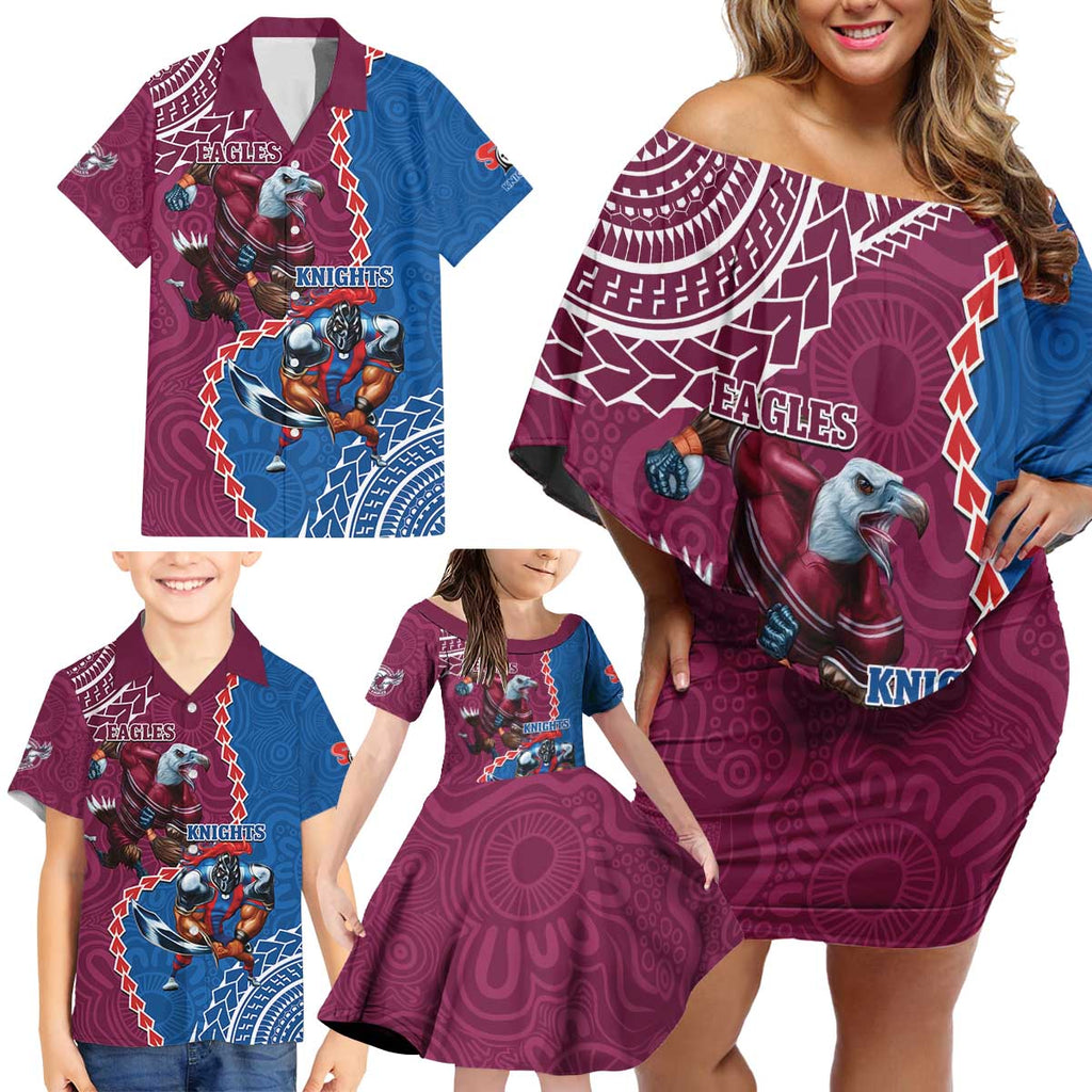 Personalised Eagles And Knights Rugby Family Matching Off Shoulder Short Dress and Hawaiian Shirt Aboriginal Mix Polynesian Pattern