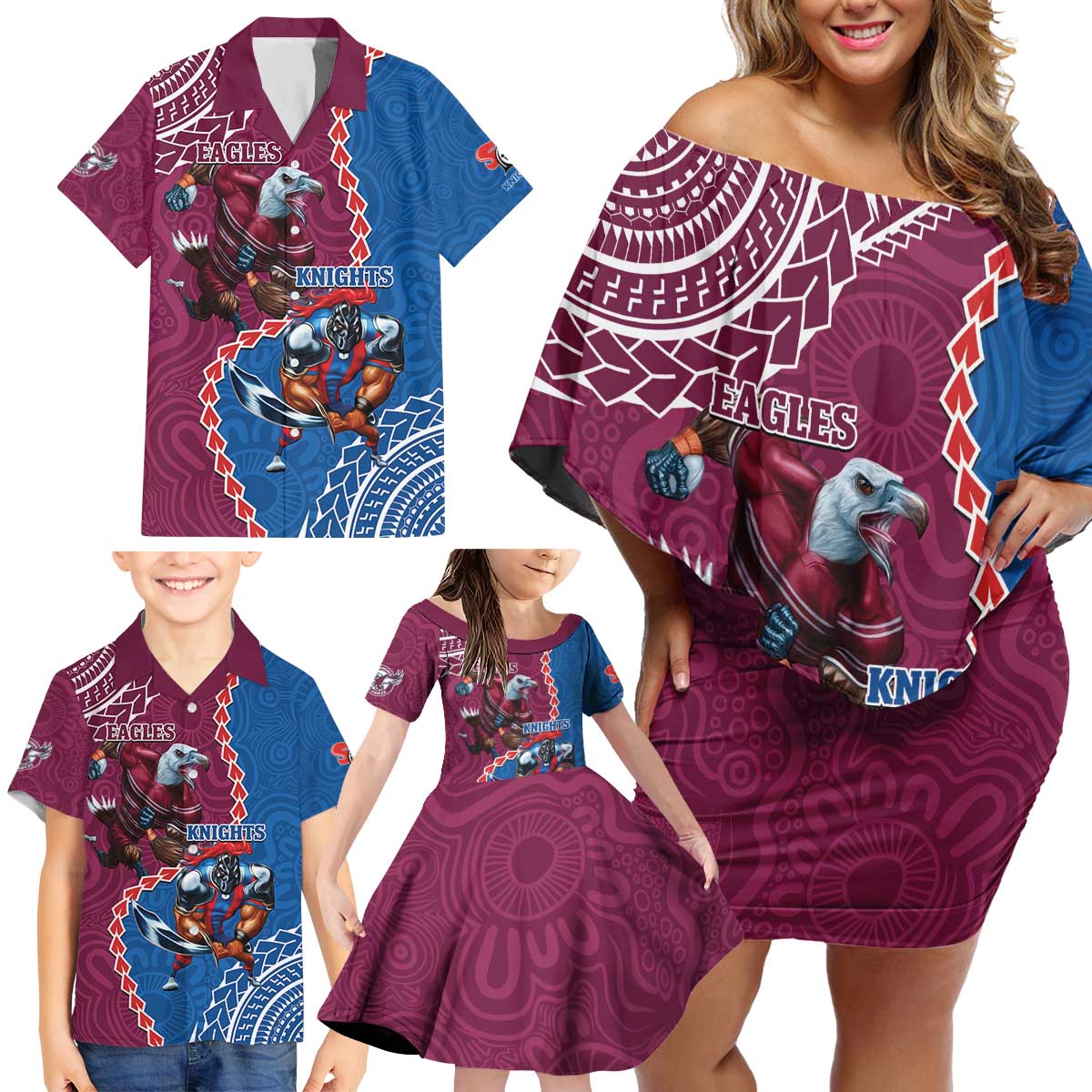 Personalised Eagles And Knights Rugby Family Matching Off Shoulder Short Dress and Hawaiian Shirt Aboriginal Mix Polynesian Pattern