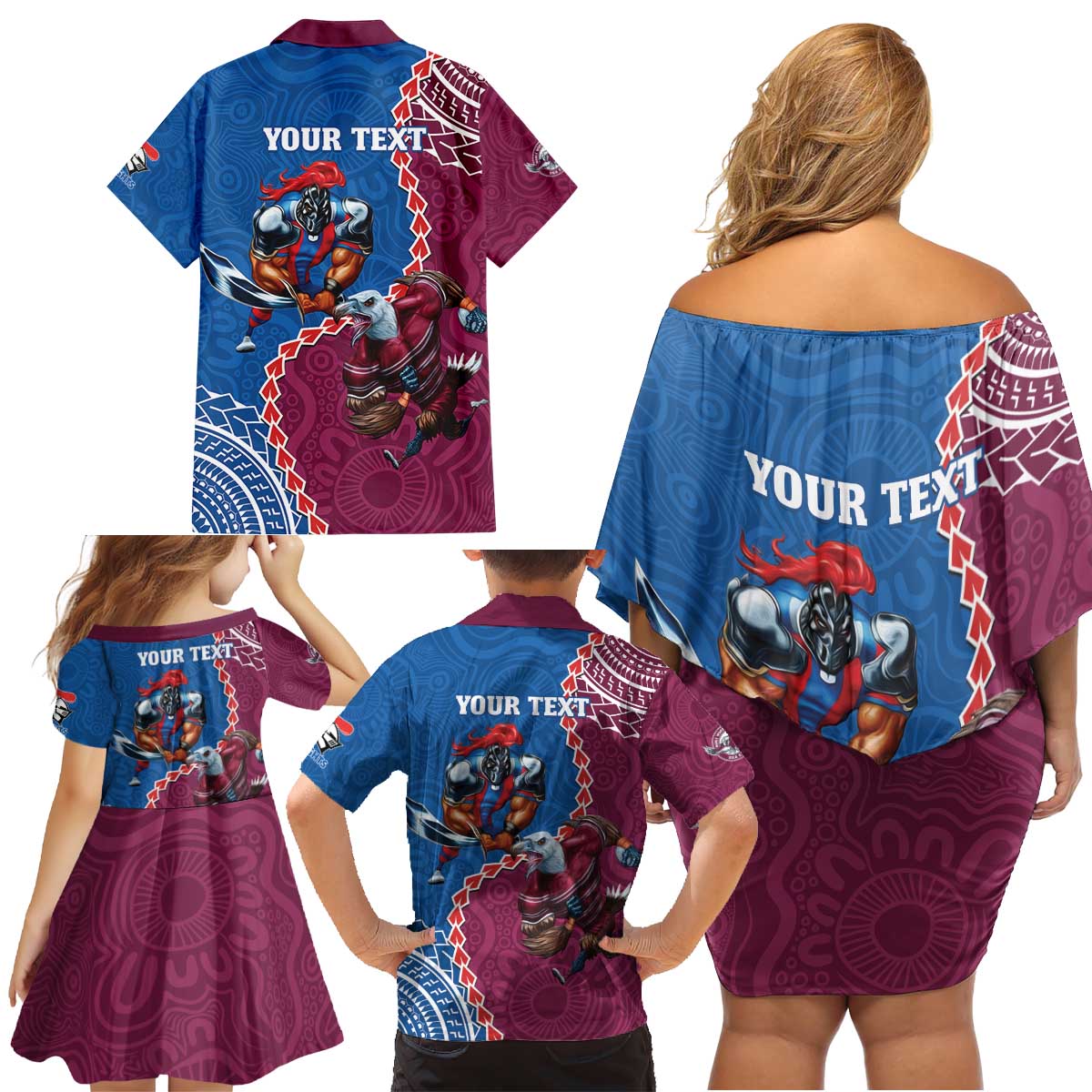 Personalised Eagles And Knights Rugby Family Matching Off Shoulder Short Dress and Hawaiian Shirt Aboriginal Mix Polynesian Pattern