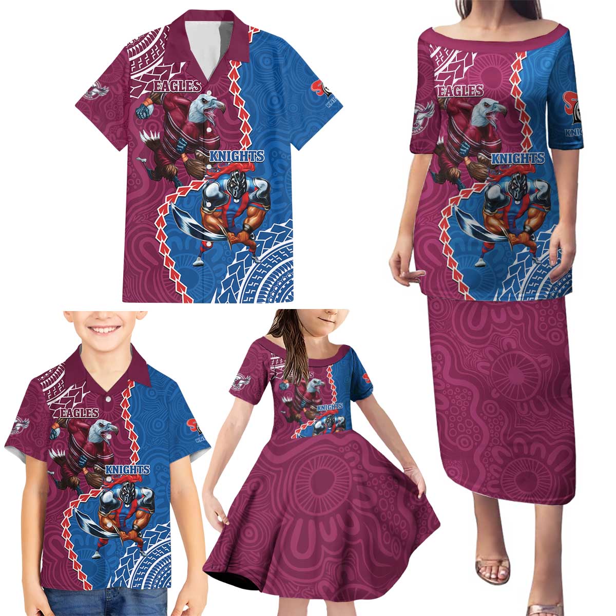 Personalised Eagles And Knights Rugby Family Matching Puletasi and Hawaiian Shirt Aboriginal Mix Polynesian Pattern