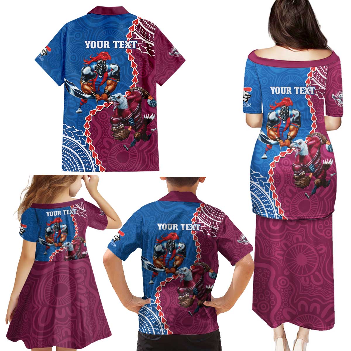 Personalised Eagles And Knights Rugby Family Matching Puletasi and Hawaiian Shirt Aboriginal Mix Polynesian Pattern
