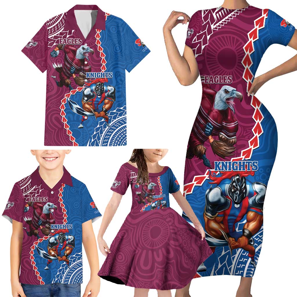 Personalised Eagles And Knights Rugby Family Matching Short Sleeve Bodycon Dress and Hawaiian Shirt Aboriginal Mix Polynesian Pattern