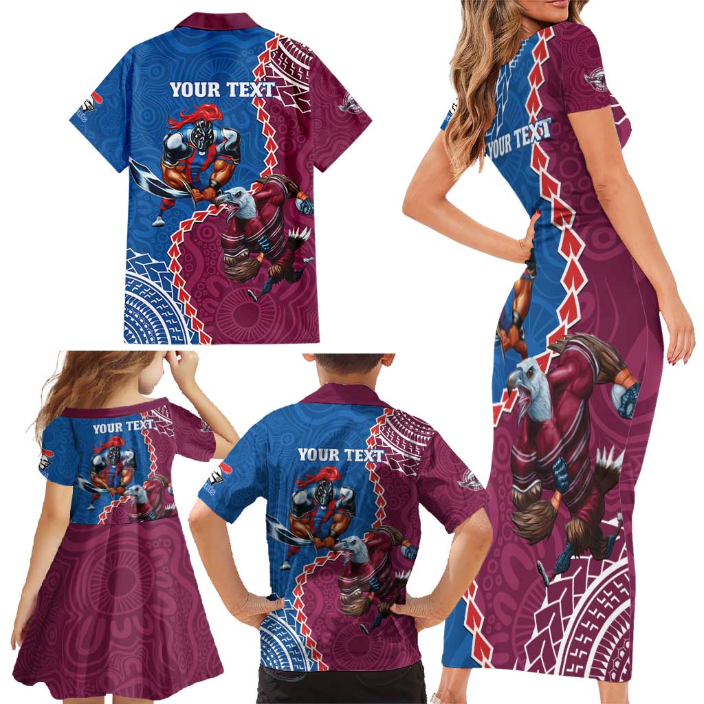 Personalised Eagles And Knights Rugby Family Matching Short Sleeve Bodycon Dress and Hawaiian Shirt Aboriginal Mix Polynesian Pattern