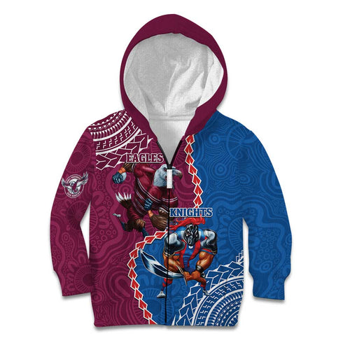 Personalised Eagles And Knights Rugby Kid Hoodie Aboriginal Mix Polynesian Pattern