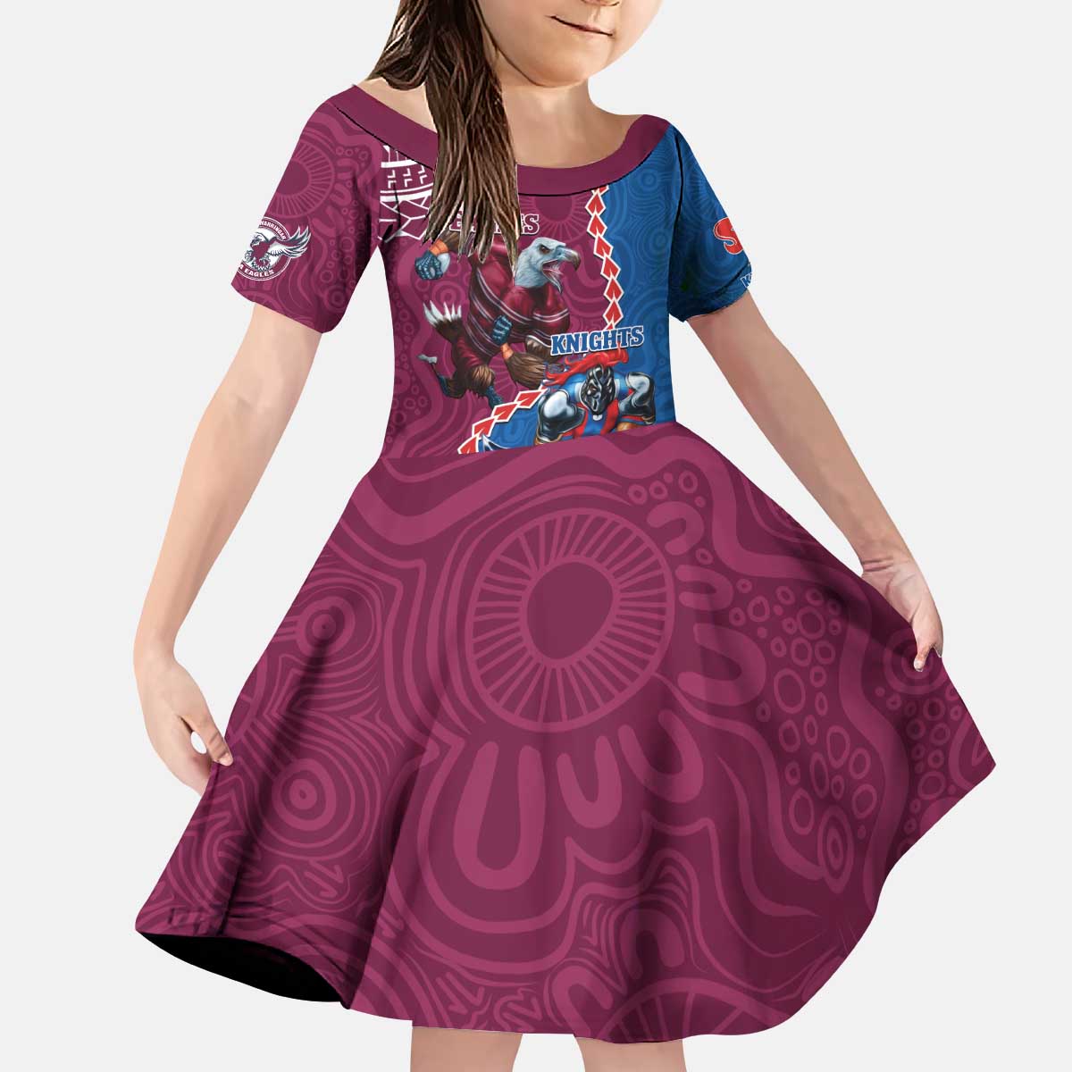 Personalised Eagles And Knights Rugby Kid Short Sleeve Dress Aboriginal Mix Polynesian Pattern