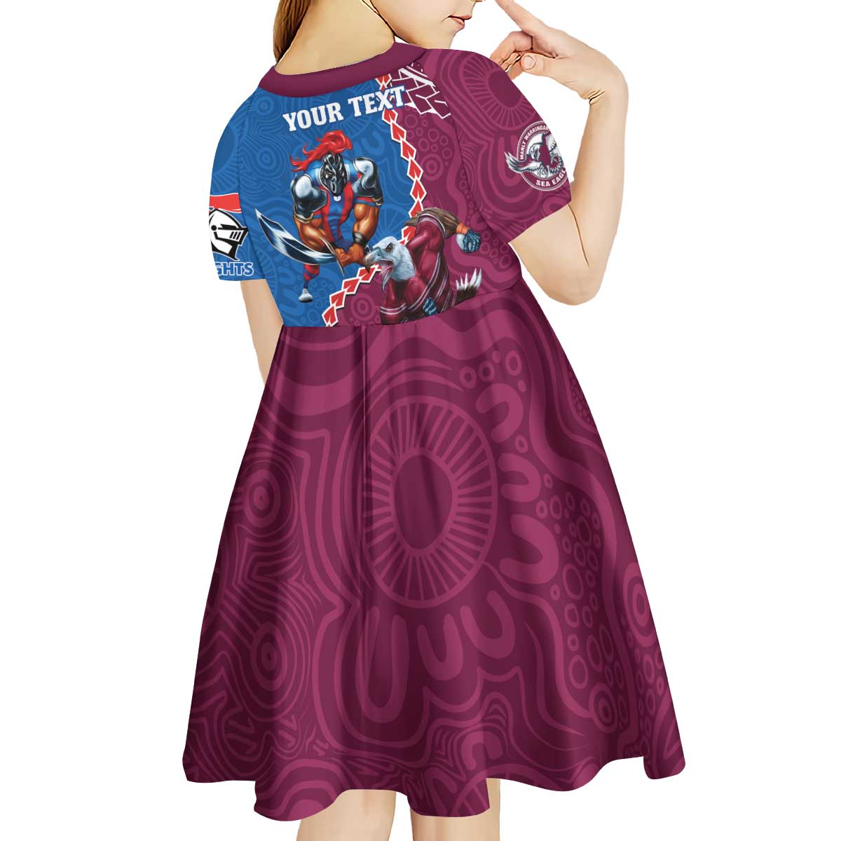 Personalised Eagles And Knights Rugby Kid Short Sleeve Dress Aboriginal Mix Polynesian Pattern