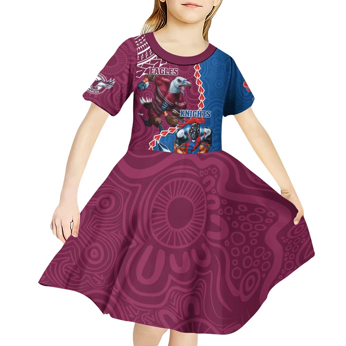 Personalised Eagles And Knights Rugby Kid Short Sleeve Dress Aboriginal Mix Polynesian Pattern