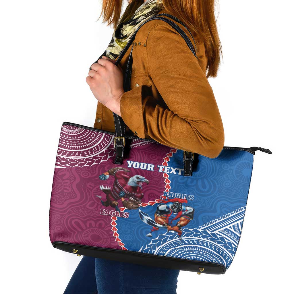Personalised Eagles And Knights Rugby Leather Tote Bag Aboriginal Mix Polynesian Pattern
