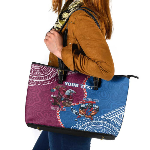 Personalised Eagles And Knights Rugby Leather Tote Bag Aboriginal Mix Polynesian Pattern