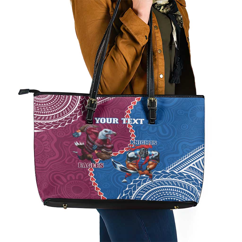 Personalised Eagles And Knights Rugby Leather Tote Bag Aboriginal Mix Polynesian Pattern