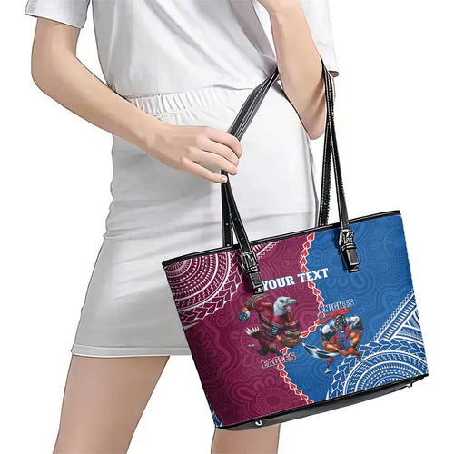 Personalised Eagles And Knights Rugby Leather Tote Bag Aboriginal Mix Polynesian Pattern