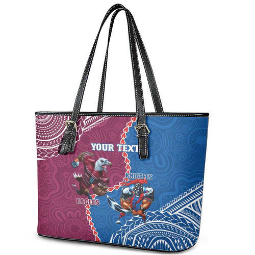 Personalised Eagles And Knights Rugby Leather Tote Bag Aboriginal Mix Polynesian Pattern