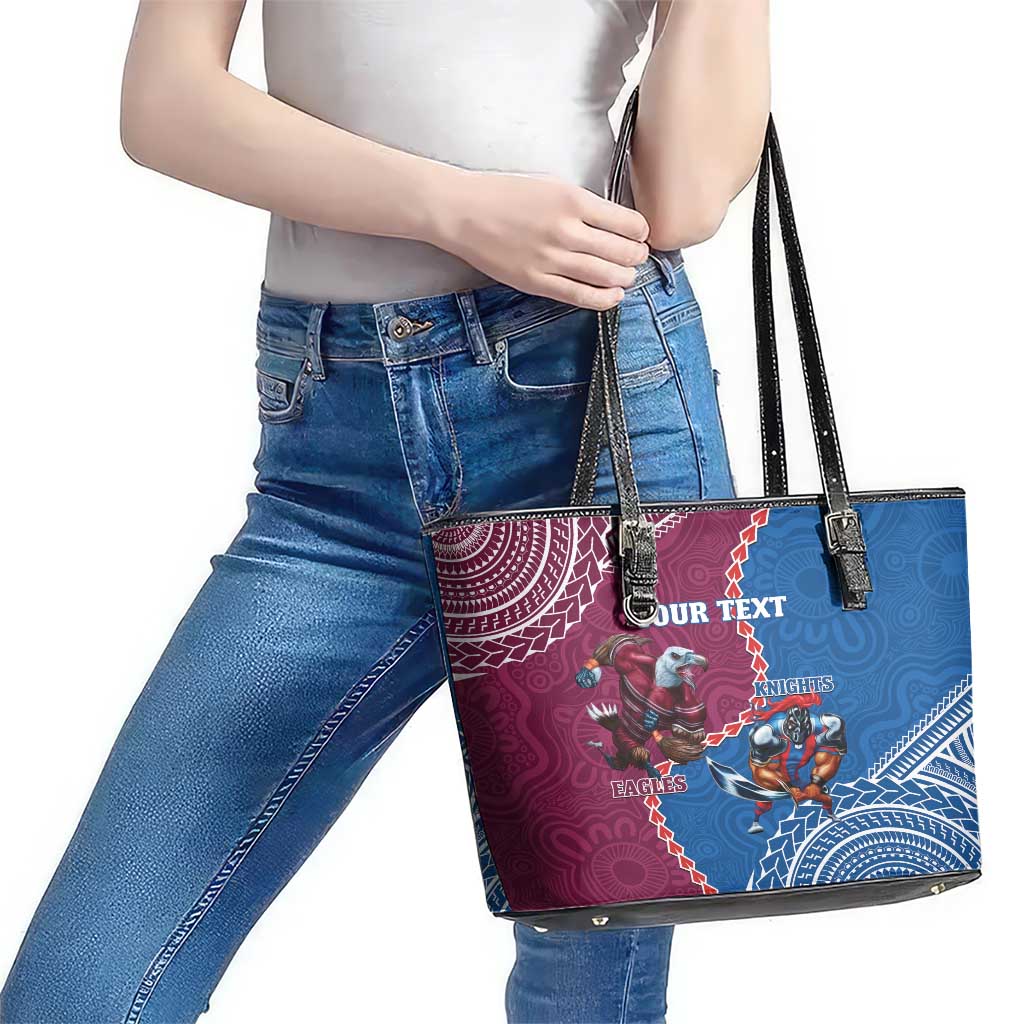 Personalised Eagles And Knights Rugby Leather Tote Bag Aboriginal Mix Polynesian Pattern