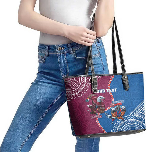 Personalised Eagles And Knights Rugby Leather Tote Bag Aboriginal Mix Polynesian Pattern