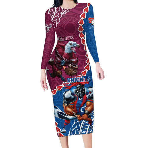 Personalised Eagles And Knights Rugby Long Sleeve Bodycon Dress Aboriginal Mix Polynesian Pattern