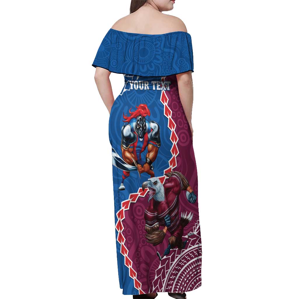 Personalised Eagles And Knights Rugby Off Shoulder Maxi Dress Aboriginal Mix Polynesian Pattern