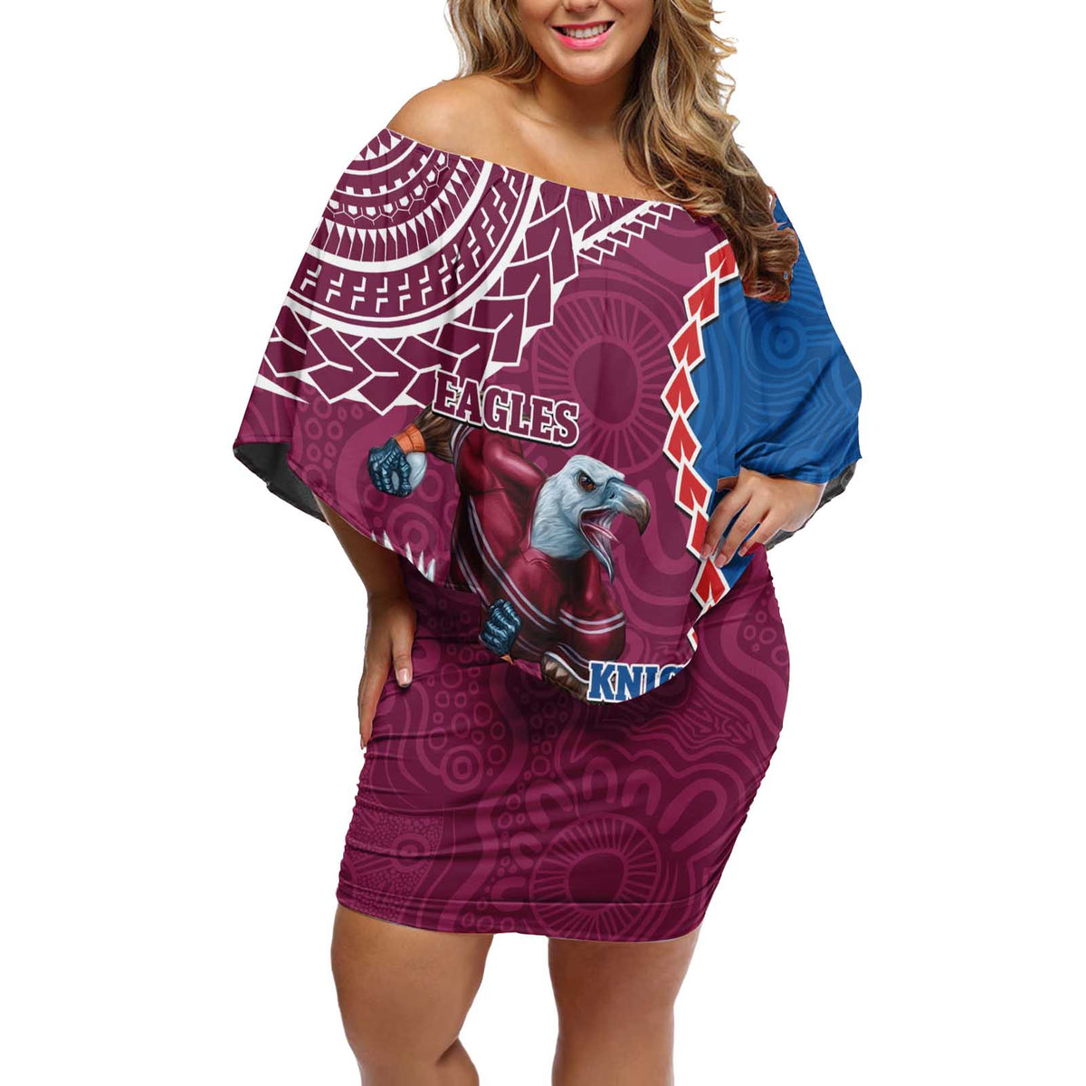 Personalised Eagles And Knights Rugby Off Shoulder Short Dress Aboriginal Mix Polynesian Pattern