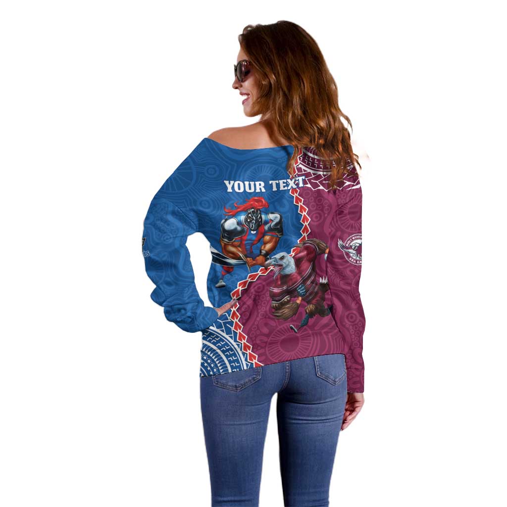 Personalised Eagles And Knights Rugby Off Shoulder Sweater Aboriginal Mix Polynesian Pattern