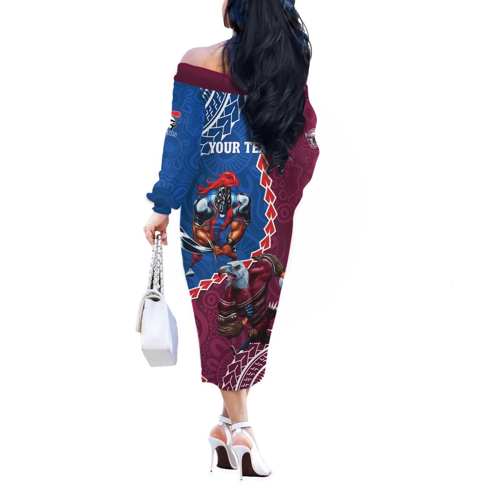 Personalised Eagles And Knights Rugby Off The Shoulder Long Sleeve Dress Aboriginal Mix Polynesian Pattern