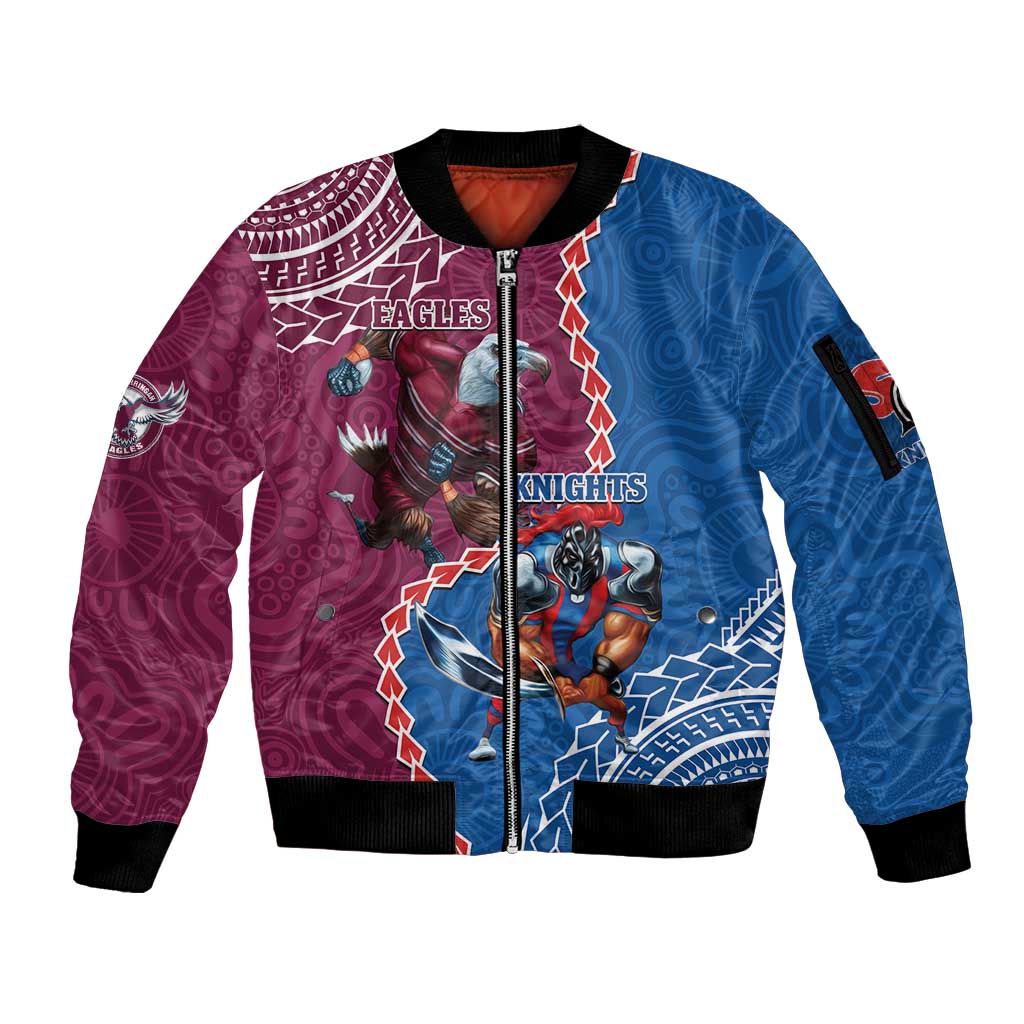 Personalised Eagles And Knights Rugby Sleeve Zip Bomber Jacket Aboriginal Mix Polynesian Pattern