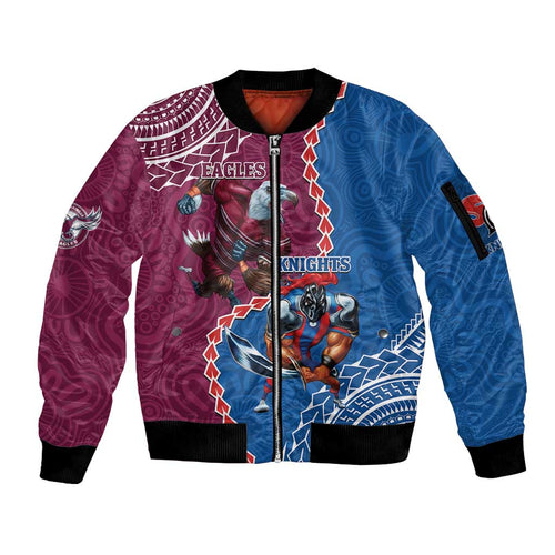 Personalised Eagles And Knights Rugby Sleeve Zip Bomber Jacket Aboriginal Mix Polynesian Pattern