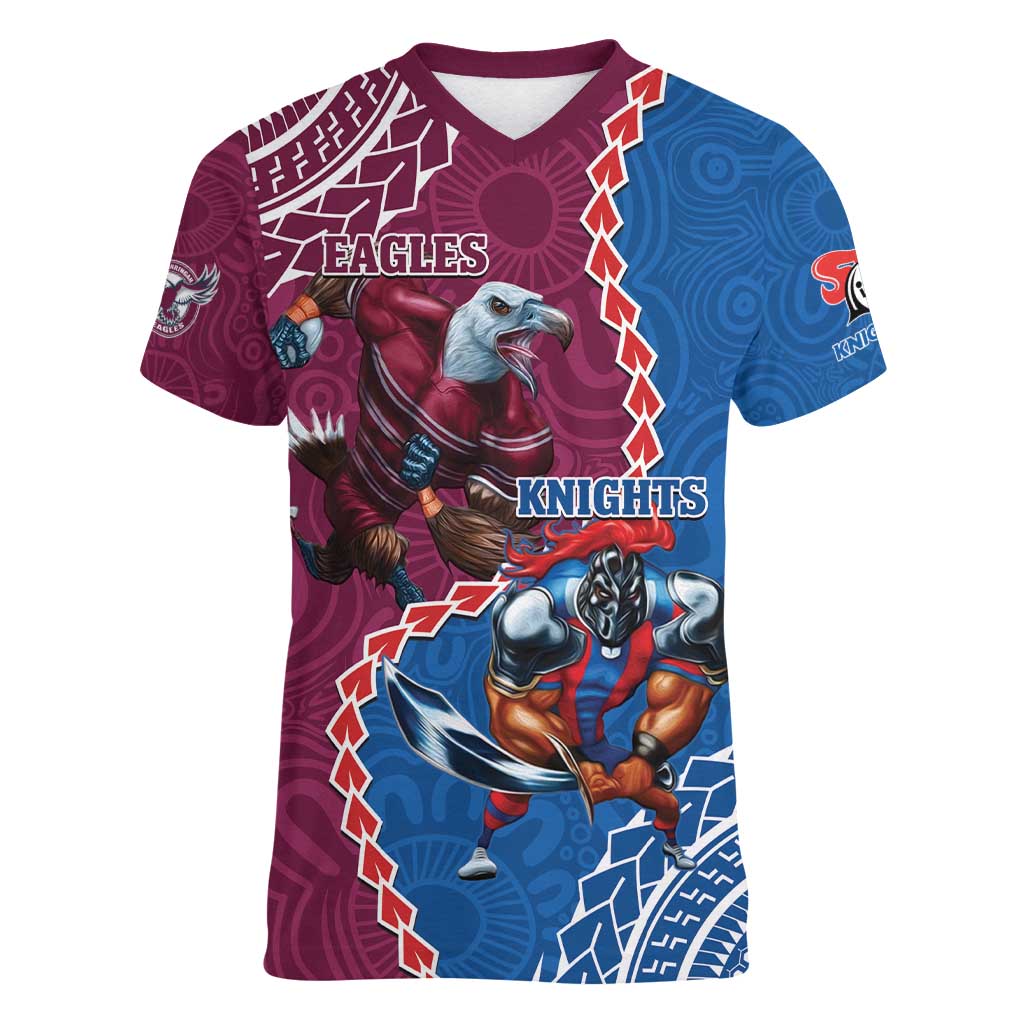 Personalised Eagles And Knights Rugby Women V-Neck T-Shirt Aboriginal Mix Polynesian Pattern