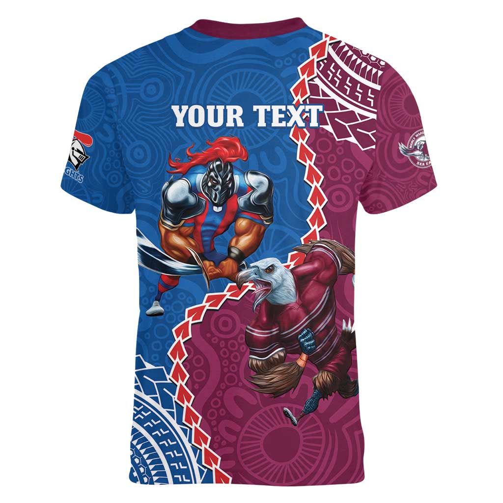 Personalised Eagles And Knights Rugby Women V-Neck T-Shirt Aboriginal Mix Polynesian Pattern