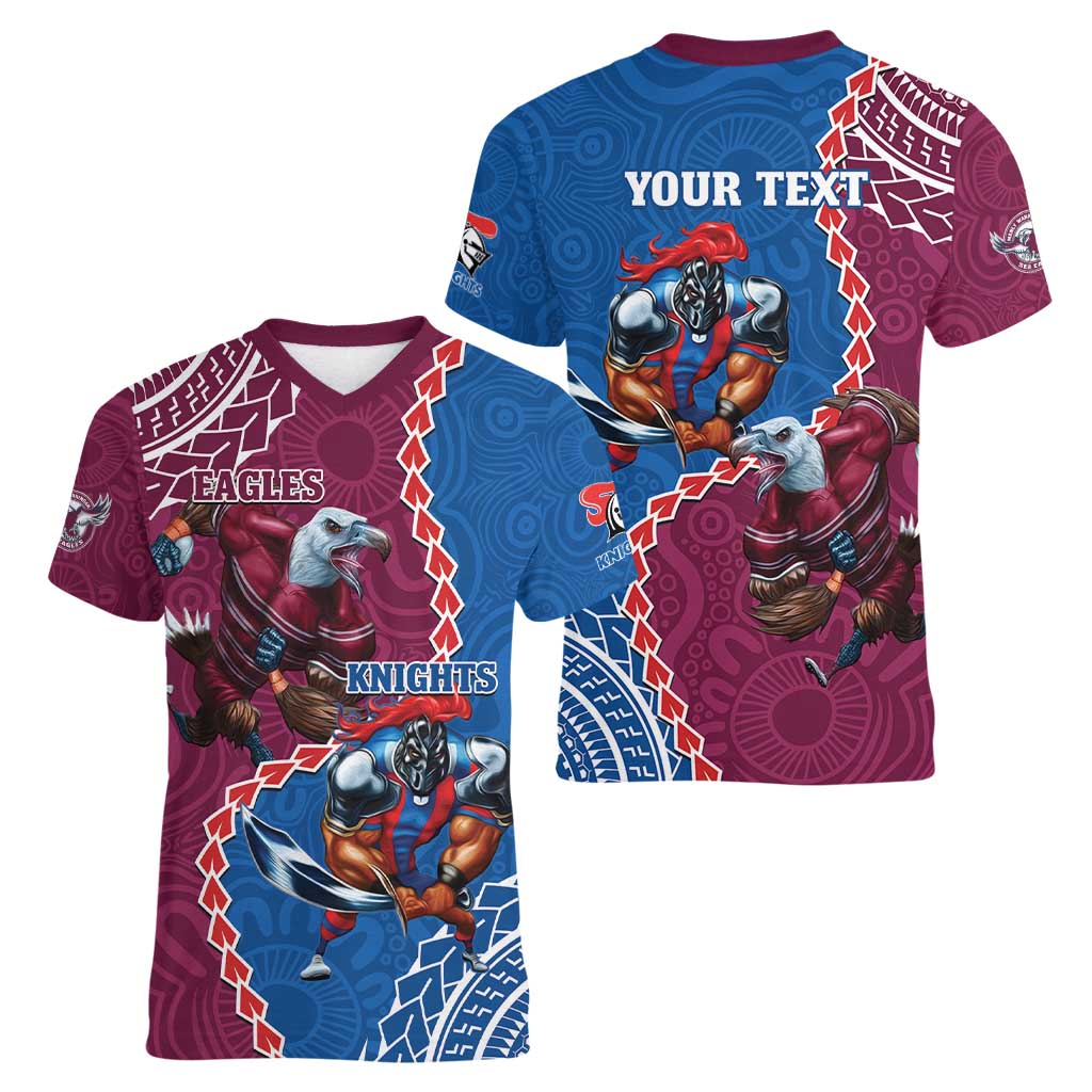 Personalised Eagles And Knights Rugby Women V-Neck T-Shirt Aboriginal Mix Polynesian Pattern