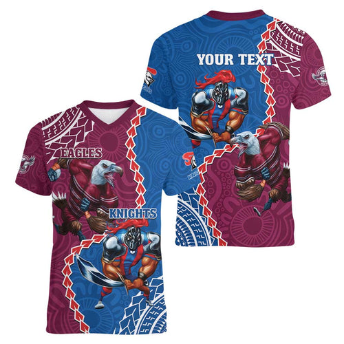 Personalised Eagles And Knights Rugby Women V-Neck T-Shirt Aboriginal Mix Polynesian Pattern