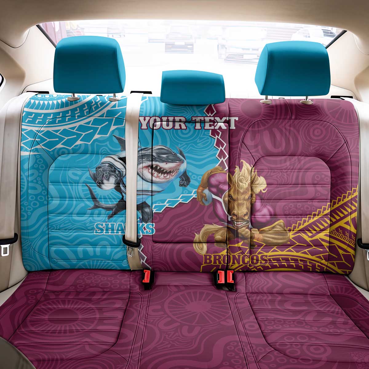 Personalised Sharks And Broncos Rugby Back Car Seat Cover Aboriginal Mix Polynesian Pattern