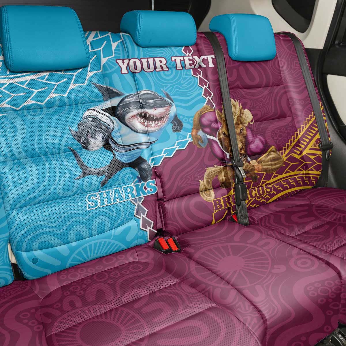 Personalised Sharks And Broncos Rugby Back Car Seat Cover Aboriginal Mix Polynesian Pattern