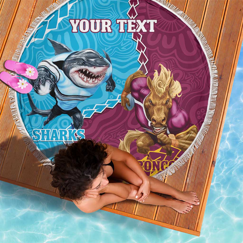 Personalised Sharks And Broncos Rugby Beach Blanket Aboriginal Mix Polynesian Pattern