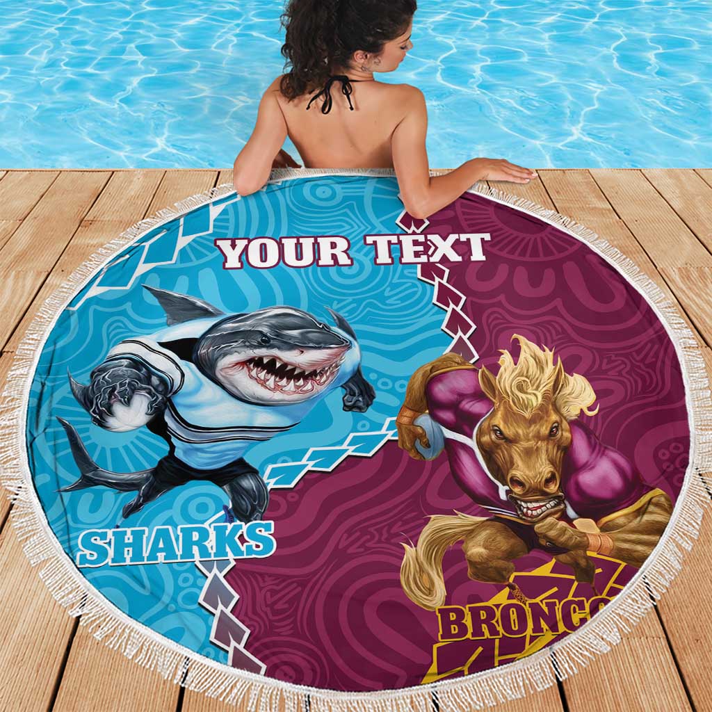 Personalised Sharks And Broncos Rugby Beach Blanket Aboriginal Mix Polynesian Pattern