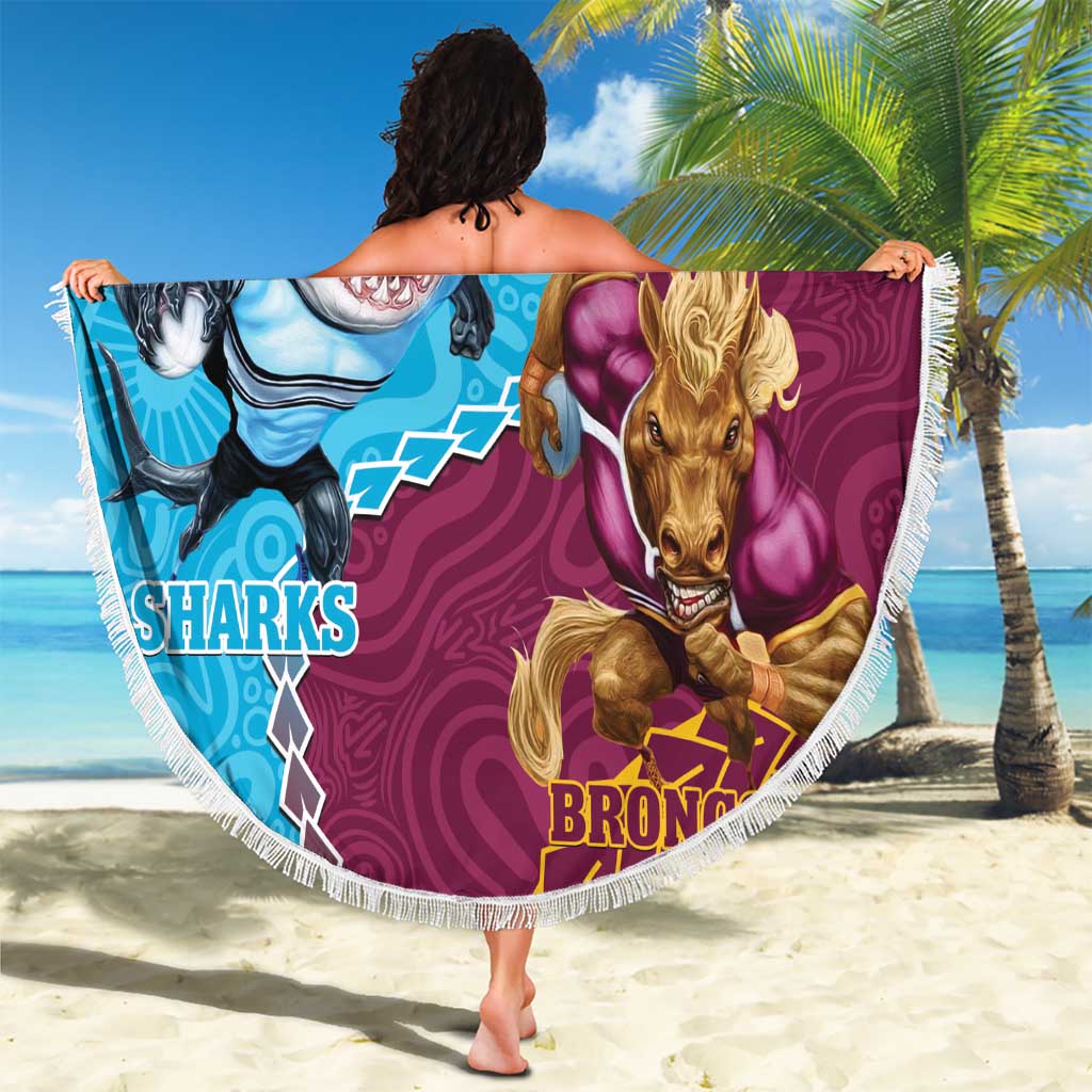 Personalised Sharks And Broncos Rugby Beach Blanket Aboriginal Mix Polynesian Pattern