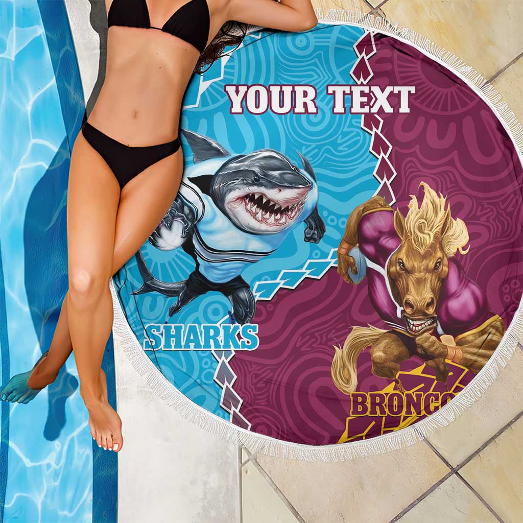 Personalised Sharks And Broncos Rugby Beach Blanket Aboriginal Mix Polynesian Pattern