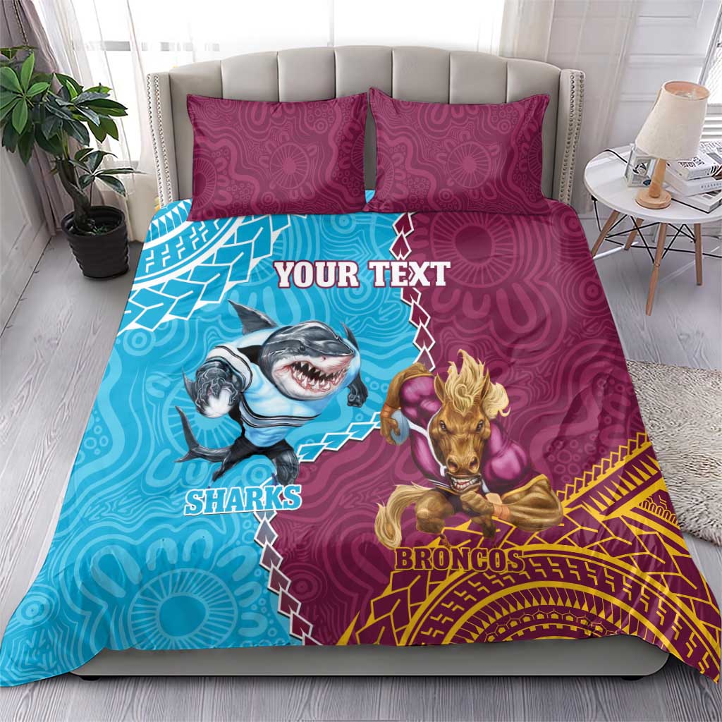 Personalised Sharks And Broncos Rugby Bedding Set Aboriginal Mix Polynesian Pattern