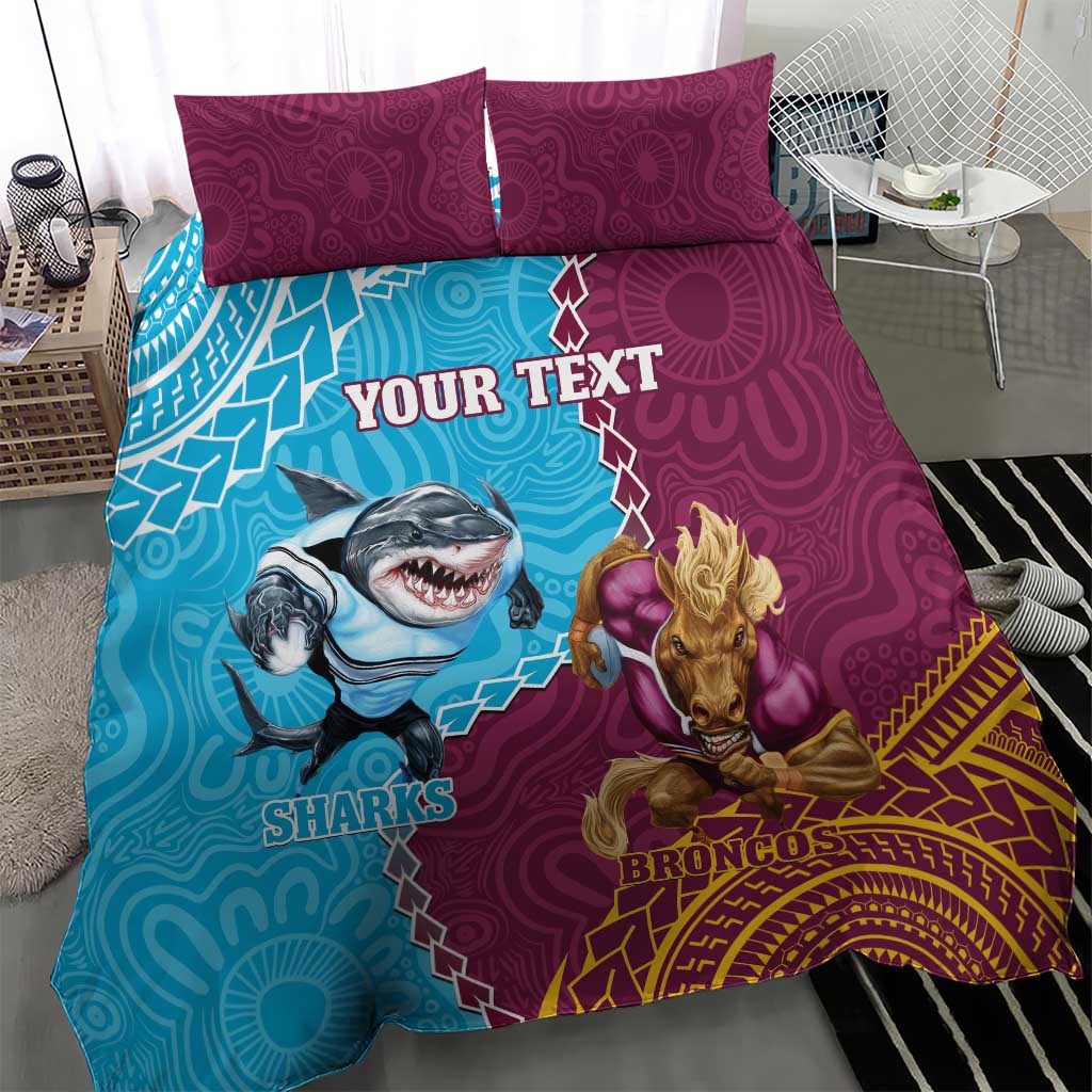 Personalised Sharks And Broncos Rugby Bedding Set Aboriginal Mix Polynesian Pattern