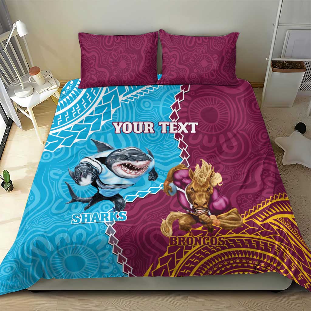 Personalised Sharks And Broncos Rugby Bedding Set Aboriginal Mix Polynesian Pattern