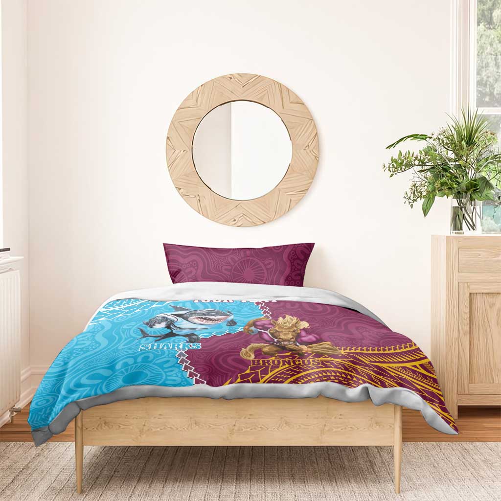 Personalised Sharks And Broncos Rugby Bedding Set Aboriginal Mix Polynesian Pattern
