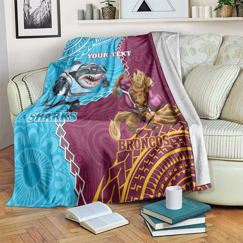 Personalised Sharks And Broncos Rugby Blanket Aboriginal Mix Polynesian Pattern