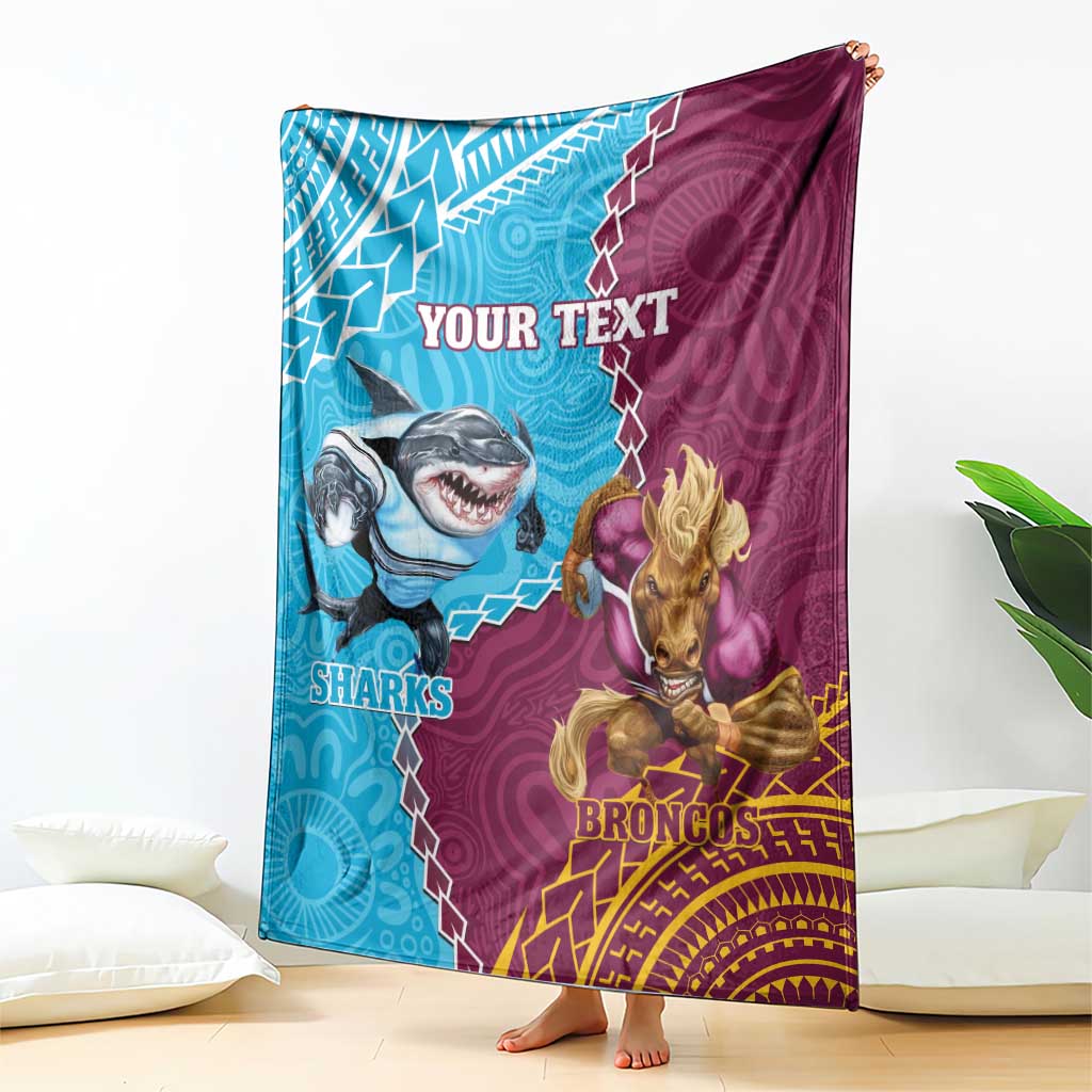 Personalised Sharks And Broncos Rugby Blanket Aboriginal Mix Polynesian Pattern